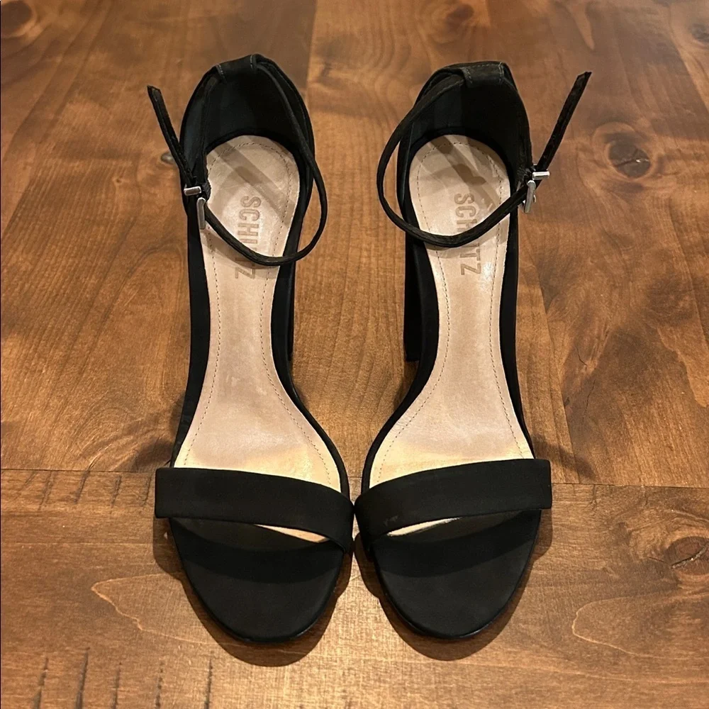 Schutz Black Suede Block Heel Ankle Strap Heels